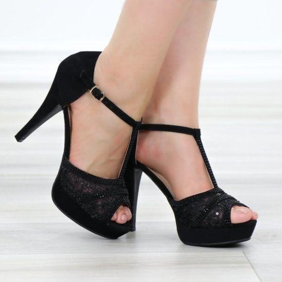 Shoes - Velvet Platform T Strap Heeled Sandals Transparent Lace
